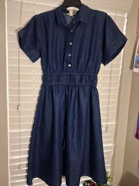 Girls' Dark Blue Button-Front Casual Shirtdress with Elastic Waist